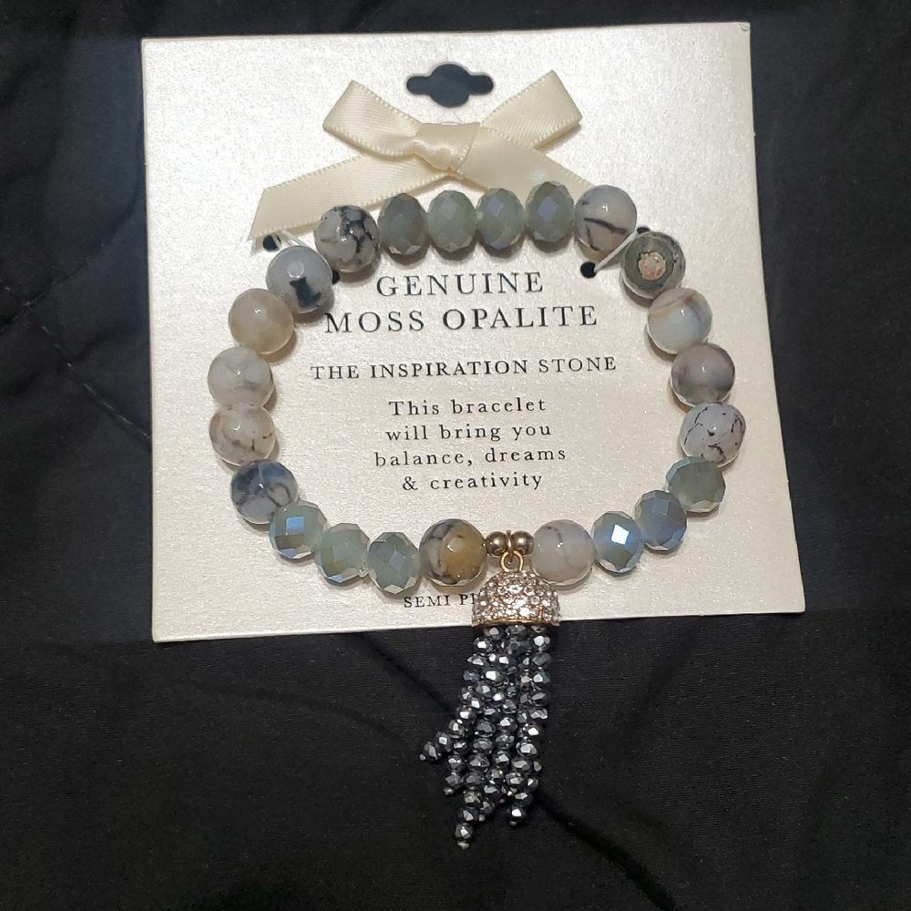 Genuine Moss Opalite Bracelet with Silver Accents - Picture 1 of 5